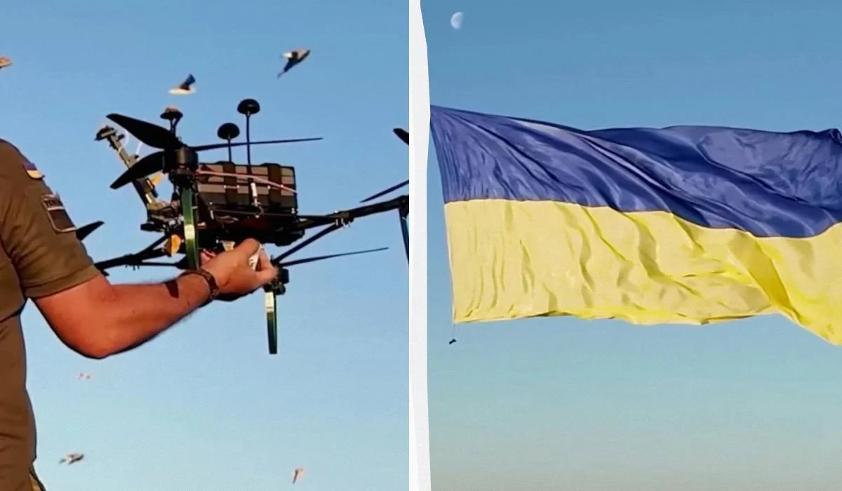 Синьо-жовтий прапор України 12 на 6 метрів, піднятий безпілотником над акваторією Чорного моря 23 серпня